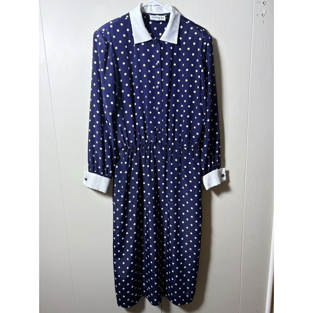 Vintage Henry Lee Navy Polka Dot Midi Shirt Dress White Collar/ Cuffs Librarian